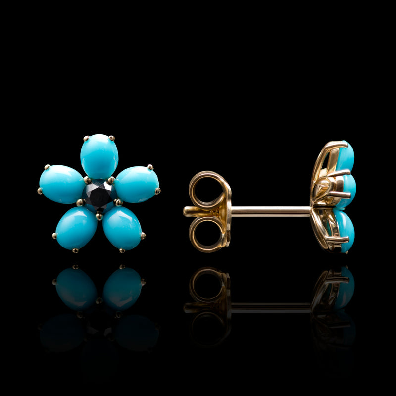 Wild Flower Turquoise and Black Diamond Cluster Earrings