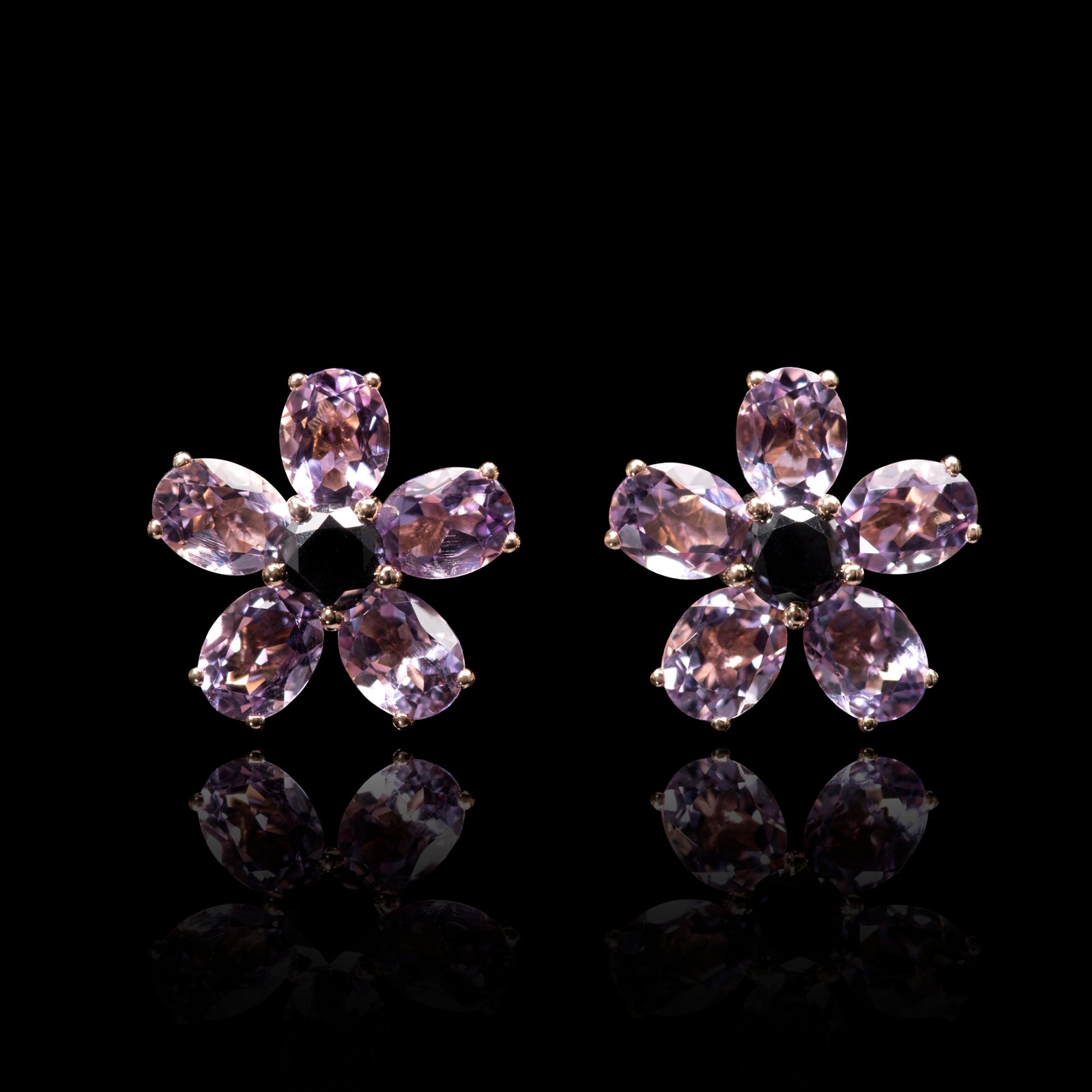 Amethyst & Black Diamond Floral Cluster Earrings