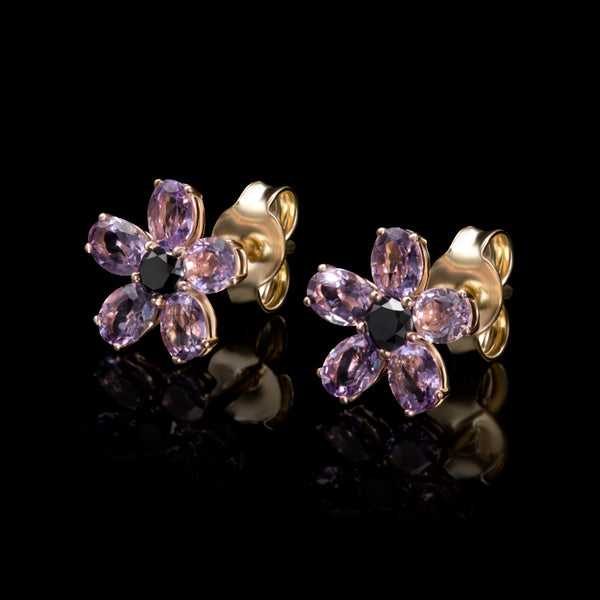 Amethyst & Black Diamond Floral Cluster Earrings