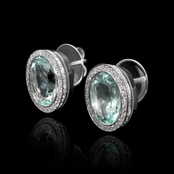 A Pair of Sea Green Beryl & Diamond Cluster Earrings