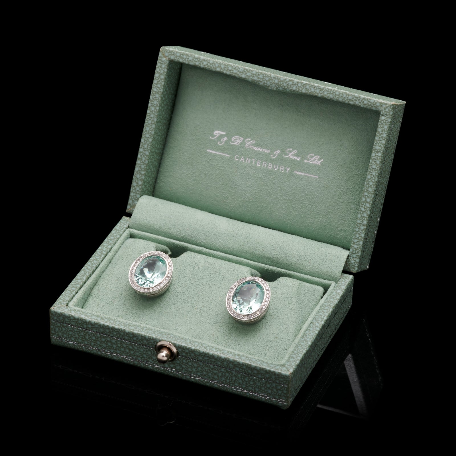 A Pair of Sea Green Beryl & Diamond Cluster Earrings